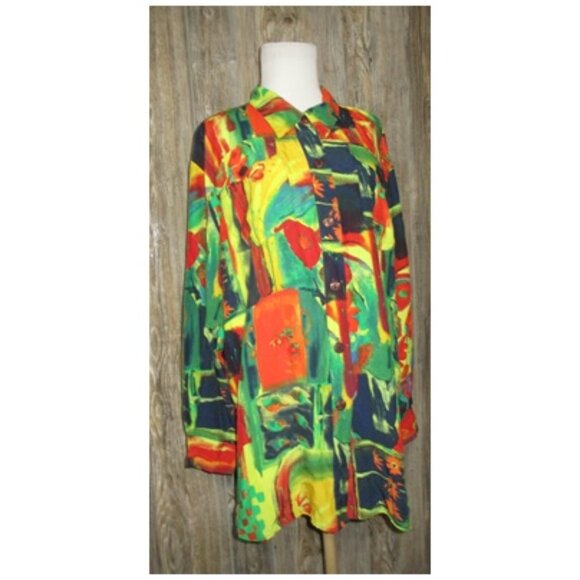 Vintage 1980s Saint Germain Oversized Rayon Blouse Top Orange Abstract Print XL - Picture 1 of 16
